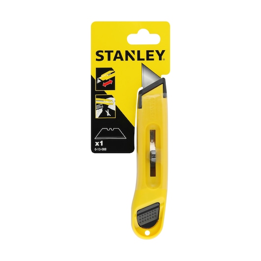 STANLEY 0-10-088 utility knife in yellow blister pack, front angle, blade visible.