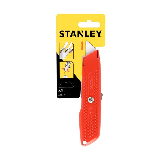 STANLEY 0-10-189 photography of red utility knife, front angle, with yellow and black packaging.