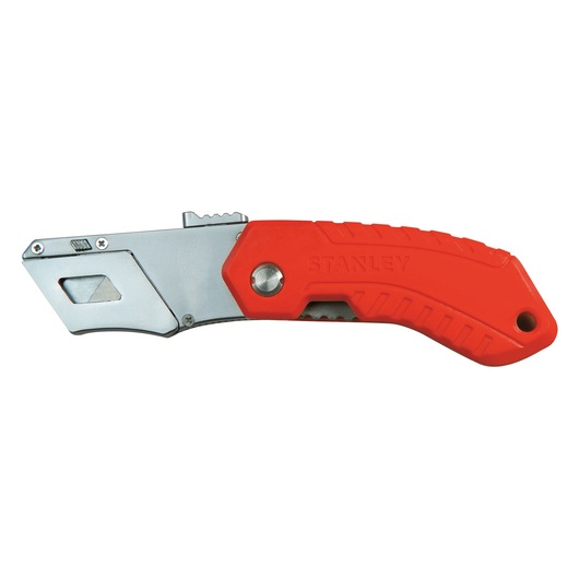 STANLEY 0-10-243 folding utility knife with red ergonomic handle, side angle, white background.