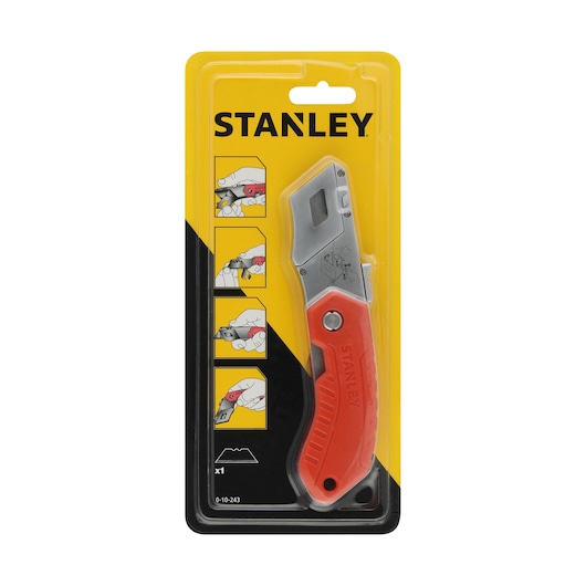 STANLEY 0-10-243 folding utility knife with red handle in retail packaging, front view.