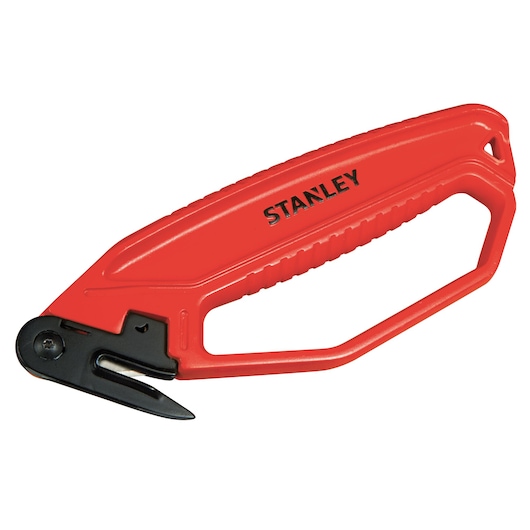 Red STANLEY safety knife with ergonomic handle and guarded blade for cutting packaging or tape.