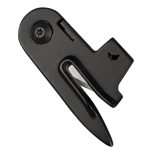 STANLEY 0-10-245 black plastic and metal string line cutter, front angle on white background.