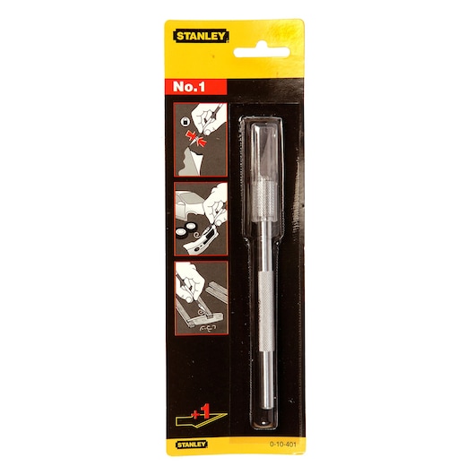 STANLEY 0-10-401 precision craft knife in retail packaging, front angle view, silver metal handle with cap.