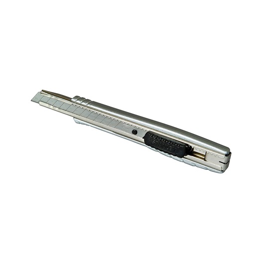 Photo of STANLEY 0-10-411 utility knife with silver body and black slider, side angle on white background.