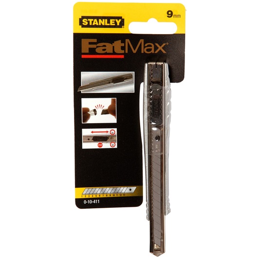 STANLEY 0-10-411 FatMax 9mm utility knife on retail packaging, front angle, silver and black handle.