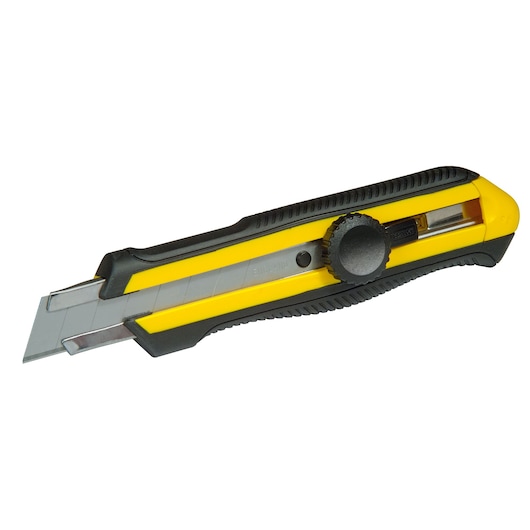 STANLEY 0-10-417 utility knife with yellow and black body, retractable segmented blade, side view, photography.