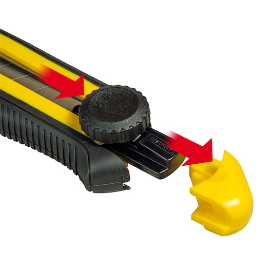 STANLEY 0-10-417 utility knife close-up, showing yellow and black handle and blade change with red arrows, side angle.