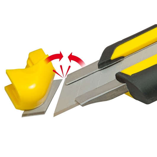 STANLEY 0-10-417 utility knife with segmented blade and yellow blade snapper, close-up on white background.