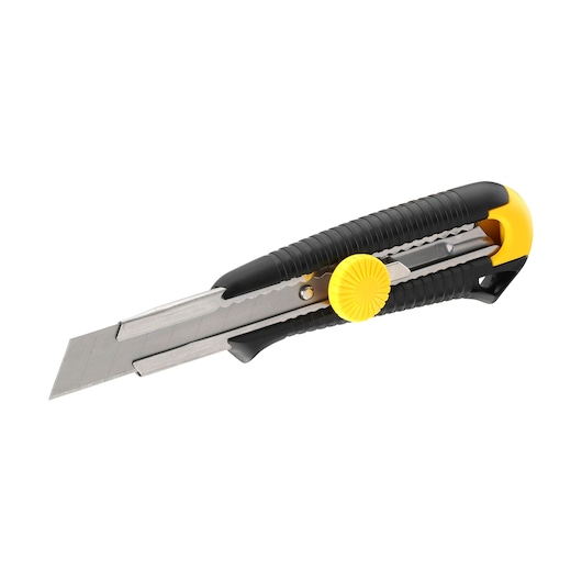STANLEY 0-10-418 utility knife with black and yellow handle, side angle, retractable segmented blade.