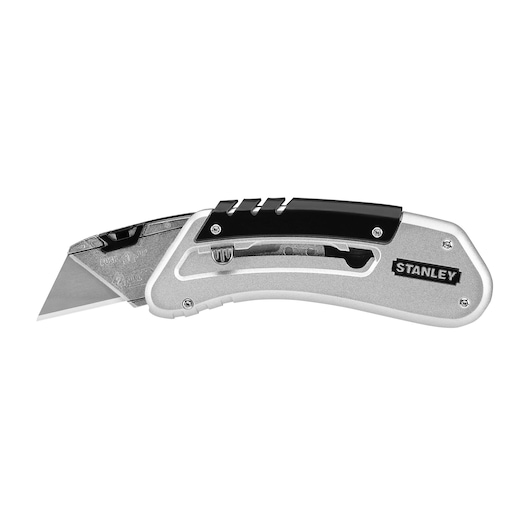 STANLEY 0-10-810 folding utility knife, silver and black handle, side view on white background.
