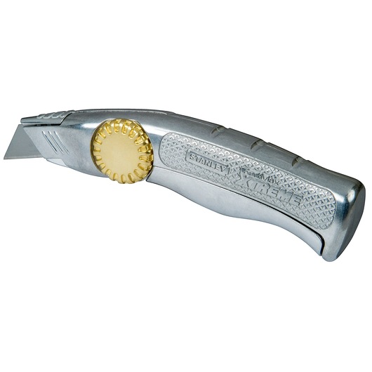 STANLEY 0-10-818 utility knife with silver textured handle and gold adjustment wheel, side view on white background.