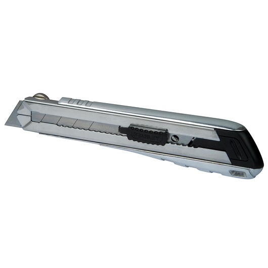 STANLEY 0-10-820 silver utility knife with segmented blade, side view on white background.