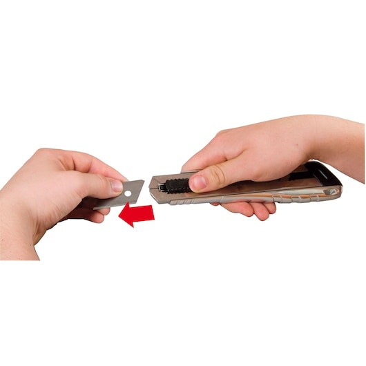 STANLEY 0-10-820 utility knife with blade being replaced, close-up with hands and red arrow, product demo.