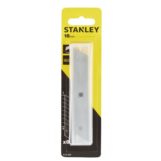 STANLEY 0-11-219 18mm utility knife blade pack, front angle, yellow and black packaging