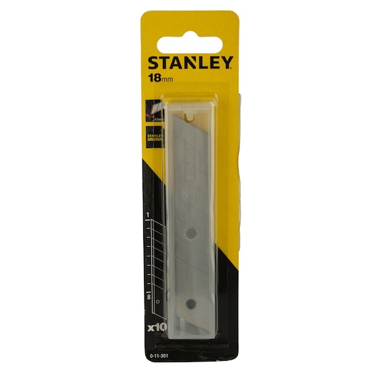Photo of STANLEY 0-11-301 utility knife blades, 18mm, pack of 10, in black and yellow retail packaging, front view.