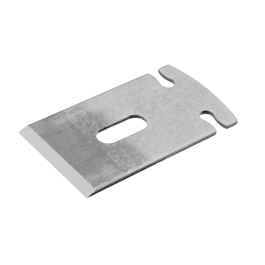 STANLEY 0-12-134 replacement planer blade, silver metal, close-up angle, on white background.