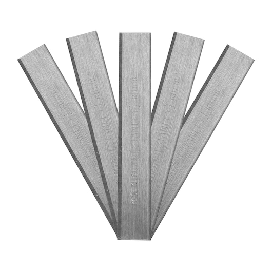 STANLEY 0-12-378 chisel blades set, set of five steel blades fanned out, product photography on white background.