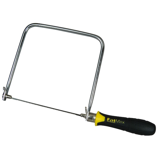 STANLEY 0-15-106 coping saw with black and yellow FatMax handle, side angle on white background.