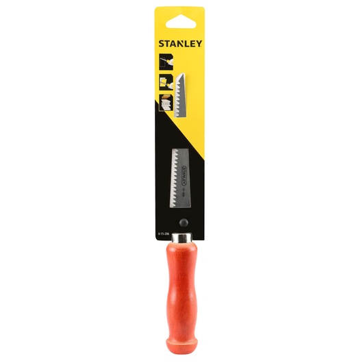 Photo of STANLEY 0-15-206 fine tooth saw with wooden handle, front angle, in packaging.