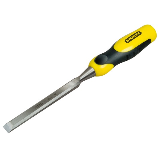 Photo of STANLEY 0-16-873 chisel with yellow and black ergonomic handle, front angle, tool category.