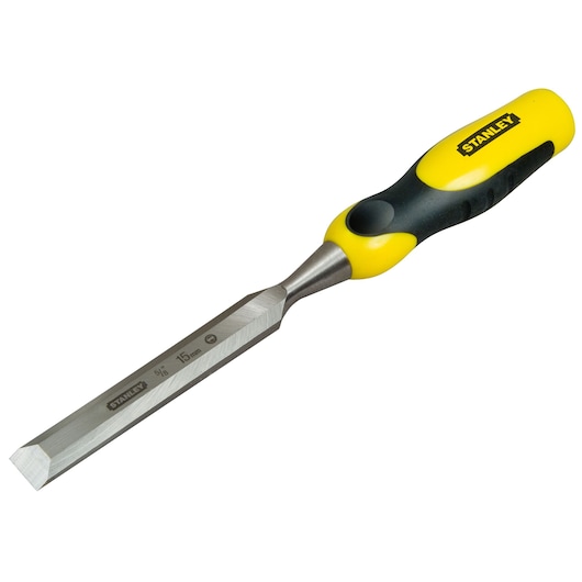 Stanley chisel with yellow and black handle and 15 mm steel blade, used for woodworking.