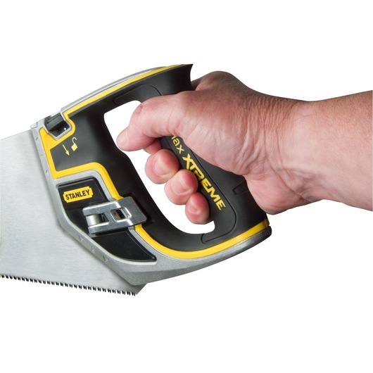 STANLEY 0-20-104 hand saw close-up, ergonomic black and yellow handle held by a hand, white background.