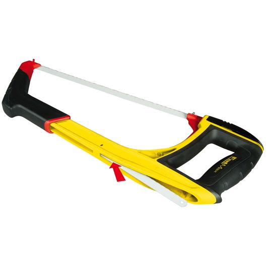 STANLEY 0-20-108 yellow and black hacksaw with ergonomic handle, blade storage in frame, side view on white background.