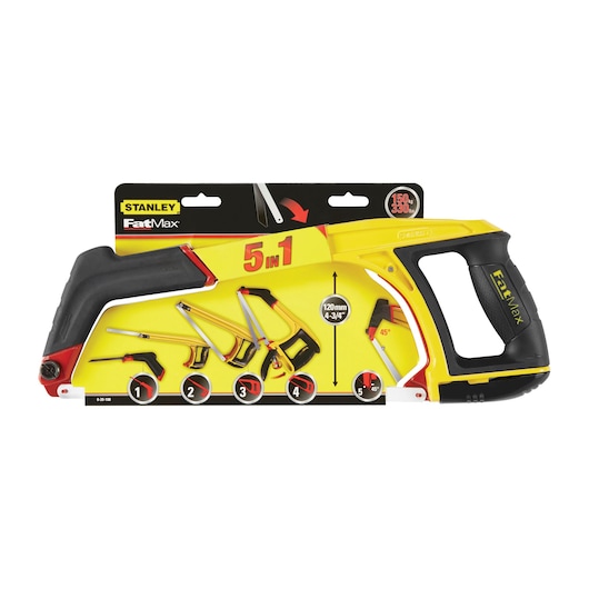 STANLEY 0-20-108 FatMax 5-in-1 hacksaw, yellow and black, side angle on white background.