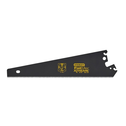 Photo of STANLEY 0-20-255 FatMax XTREME saw blade, black with yellow branding, side angle on white background.