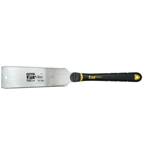 STANLEY 0-20-501 FatMax Pull Saw with black and yellow handle, side angle on white background.
