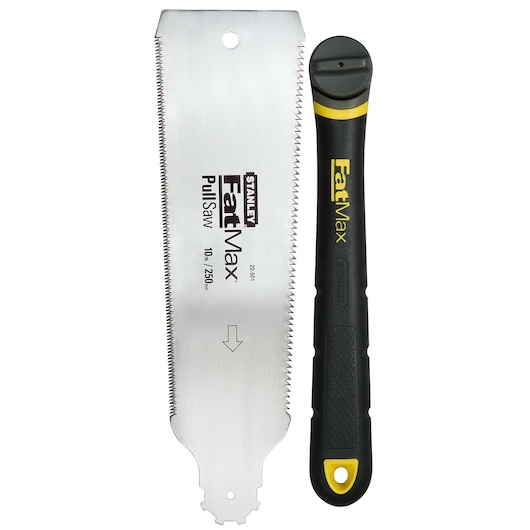 STANLEY 0-20-501 pull saw blade and black FatMax handle, front angle on white background.