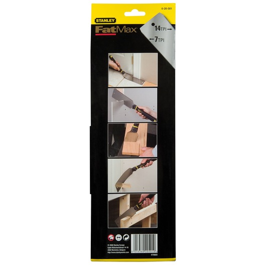 STANLEY 0-20-501 FatMax saw packaging, showing usage examples and blade TPI details, rear view photo.