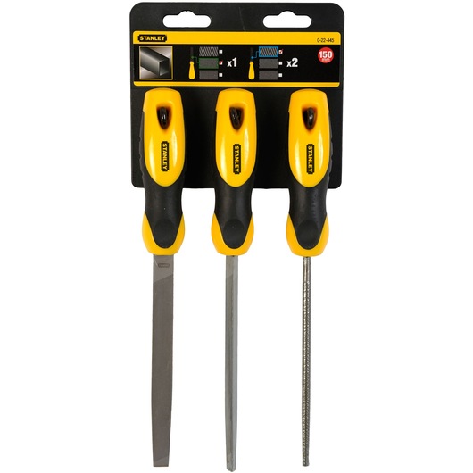 STANLEY 0-22-445 set of three metal files with yellow and black handles, front angle on white background.