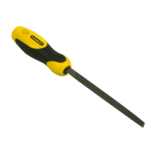 STANLEY 0-22-461 flat hand file with yellow and black ergonomic handle, product photography, angled on white background.