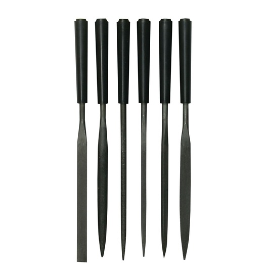 STANLEY 0-22-500 set of six metal files with black handles, front view on white background.