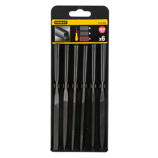 Stanley 0-22-500 set of six precision files, black handles, front view, product photography.