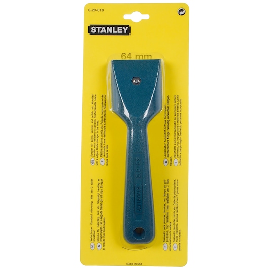 STANLEY 0-28-619 paint scraper with teal handle in retail packaging, photography front angle.