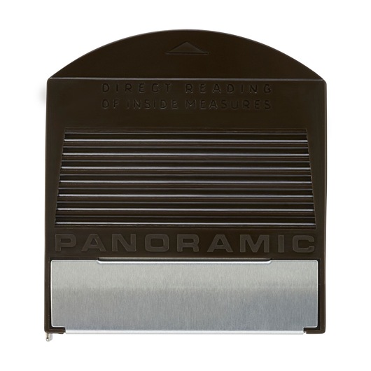 STANLEY 0-32-125 panoramic measuring tool, black and silver, front angle photo on white background.