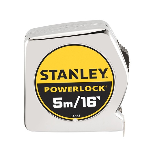 STANLEY 0-33-158 PowerLock tape measure, 5m/16ft, front angle, silver and yellow casing.