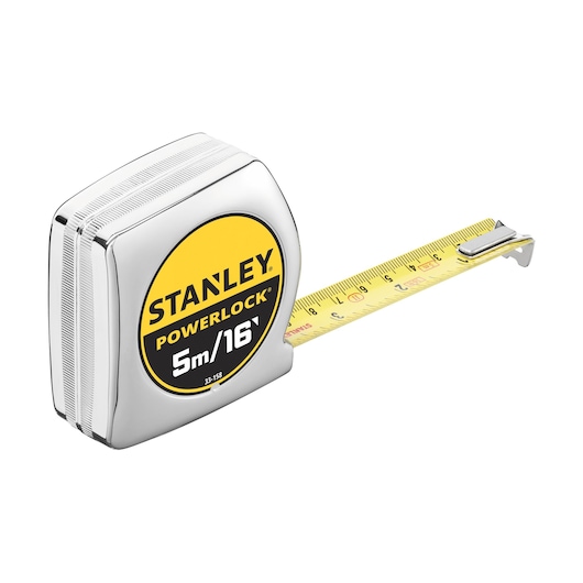 STANLEY 0-33-158 tape measure, PowerLock model, 5m/16ft, side angle, silver and yellow case.