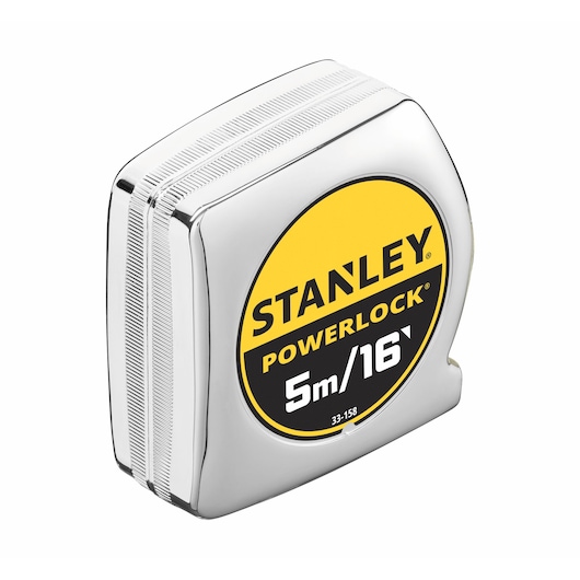 STANLEY 0-33-158 tape measure with chrome finish, PowerLock branding, 5m/16’ length, angled view on white background.