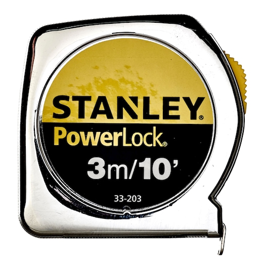 STANLEY 0-33-203 tape measure, PowerLock, 3m/10’, metallic case, front angle, photography product image.