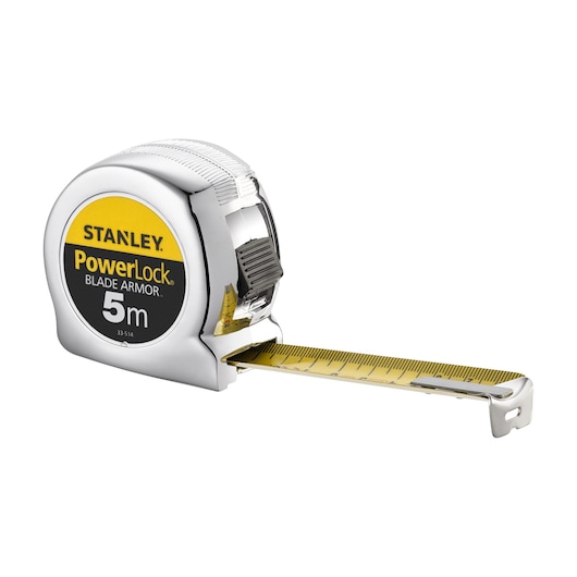 Photo of STANLEY 0-33-514 PowerLock 5m tape measure, chrome case with yellow blade, side angle on white background.