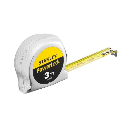 STANLEY 0-33-522 tape measure, PowerLock, 3m, yellow blade, side angle on white background.