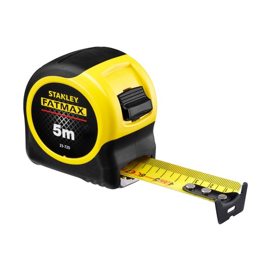 STANLEY 0-33-720 tape measure, FATMAX, 5m, yellow and black, product angle on white background.