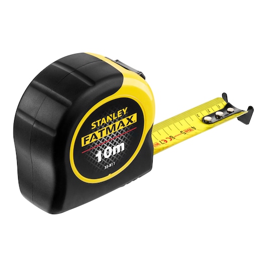 STANLEY 0-33-811 tape measure, FATMAX series, 10m length, black and yellow case, side angle on white background.
