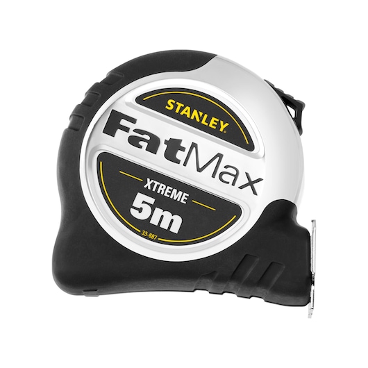 Stanley FatMax Xtreme 5m tape measure with black and silver casing shown on a white background.