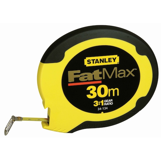 STANLEY 0-34-134 yellow and black FatMax 30m tape measure, product front angle on white background.