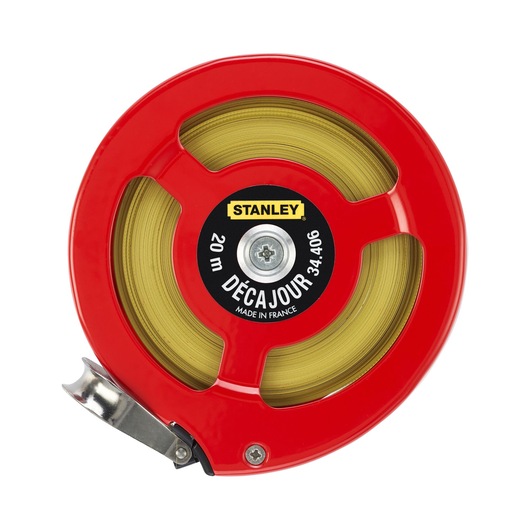 STANLEY 0-34-406 tape measure with red circular casing and brass tape, front angle on white background.