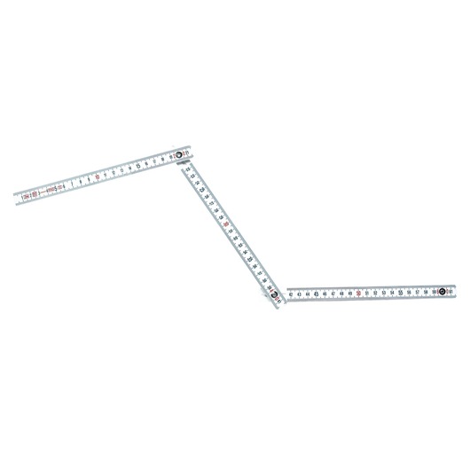STANLEY 0-35-229 folding ruler, metal, white with black and red markings, angled, front view.